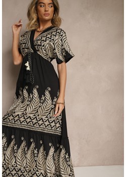 Czarna Wiskozowa Sukienka Boho o Kopertowym Kroju z Metalicznym Haftem Redeselle - id: RF2355A-38-BLACK - marki Renee - 183919221 Czarna Wiskozowa Sukienka Boho o Kopertowym Kroju z Metalicznym Haftem Redeselle ze sklepu renee.pl w kategorii Sukienki - zdjęcie 183919221