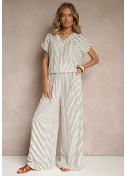 Biało-Niebieskie Szerokie Spodnie High Waist w Paski z Bawełny Silorea ze sklepu renee.pl w kategorii Spodnie damskie - zdjęcie 183936244