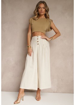 Beżowe Spodnie Culottes High Waist z Bawełny Zdobione Guzikami Izuma ze sklepu renee.pl w kategorii Spodnie damskie - zdjęcie 183936254