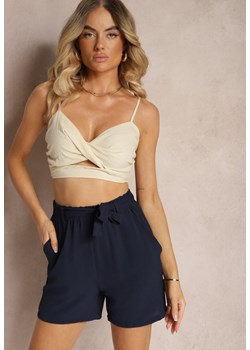 Granatowe Luźne Szorty Bermudy High Waist z Gumką i Materiałowym Paskiem w Talii Renetta ze sklepu renee.pl w kategorii Szorty - zdjęcie 184012770