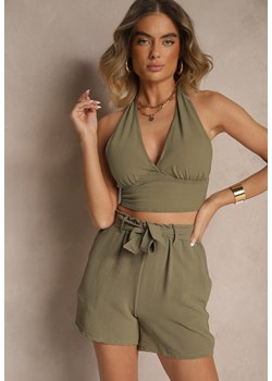 Ciemnozielone Luźne Szorty Bermudy High Waist z Gumką i Materiałowym Paskiem w Talii Renetta ze sklepu renee.pl w kategorii Szorty - zdjęcie 184012780