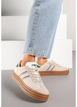 Beżowo-Zielone Sneakersy na Platformie z Minimalistycznymi Przeszyciami Teritha ze sklepu born2be.pl w kategorii Buty sportowe damskie - zdjęcie 184014160