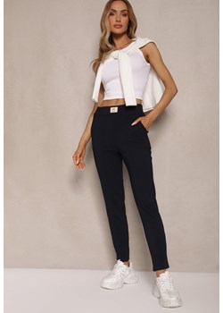 Granatowe Spodnie High Waist z Elastycznego Materiału Wykończone Gumką Rigadona ze sklepu renee.pl w kategorii Spodnie damskie - zdjęcie 184014680