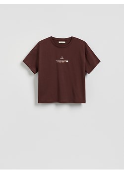 Reserved - Bawełniany t-shirt z nadrukiem - ciemnobrązowy ze sklepu Reserved w kategorii Bluzki damskie - zdjęcie 184022841