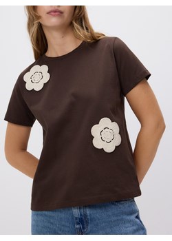 Reserved - T-shirt z szydełkowaną aplikacją - brązowy ze sklepu Reserved w kategorii Bluzki damskie - zdjęcie 184051871