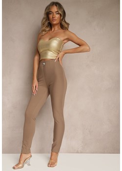 Ciemnobeżowe Legginsy High Waist z Wiskozą z Cyrkoniowym Guzikiem Naliselle ze sklepu renee.pl w kategorii Spodnie damskie - zdjęcie 184052861