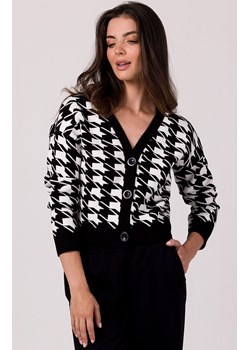 Krótki kardigan w pepitkę czarny BK104, Kolor czarny, Rozmiar L/XL, BeWear ze sklepu Primodo w kategorii Swetry damskie - zdjęcie 184061671