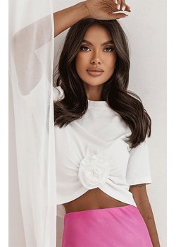 Śmietankowy t-shirt z marszczenie i różą Elvie B56, Kolor śmietankowy, Rozmiar M, Ivon ze sklepu Primodo w kategorii Bluzki damskie - zdjęcie 184075634