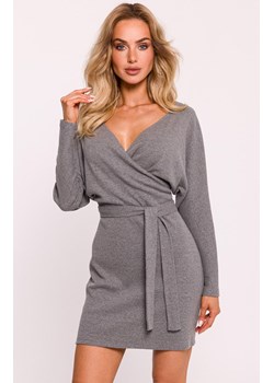 Prążkowana sukienka mini z paskiem szary melanż M819, Kolor szary melanż, Rozmiar 2XL/3XL, MOE ze sklepu Primodo w kategorii Sukienki - zdjęcie 184083914