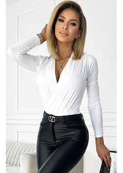 Body damskie z kopertowym dekoltem bluzka ecru 375-4, Kolor ecru, Rozmiar L, Numoco ze sklepu Primodo w kategorii Body damskie - zdjęcie 184086640