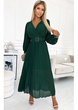 Plisowana sukienka z paskiem butelkowa zieleń 414-1 Klara, Kolor butelkowa zieleń, Rozmiar one size, NUMOCO BASIC ze sklepu Primodo w kategorii Sukienki - zdjęcie 184086762