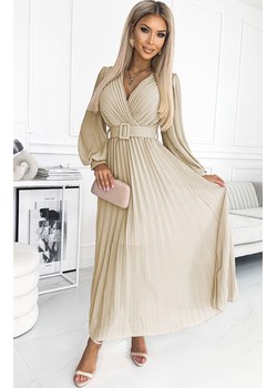 Plisowana sukienka z paskiem beżowa 414-8 Klara, Kolor beżowy, Rozmiar one size, NUMOCO BASIC ze sklepu Primodo w kategorii Sukienki - zdjęcie 184086782