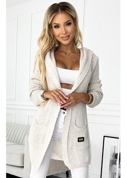 Beżowy kardigan damski z kapturem i kieszeniami 488-1, Kolor beżowy, Rozmiar one size, NUMOCO BASIC ze sklepu Primodo w kategorii Swetry damskie - zdjęcie 184087023