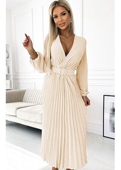 Plisowana sukienka midi z paskiem 504-7 Viviana, Kolor jasnobeżowy, Rozmiar one size, NUMOCO BASIC ze sklepu Primodo w kategorii Sukienki - zdjęcie 184087043