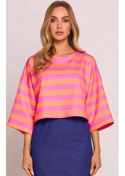 Moe krótka bluza damska w paski  M844/3, Kolor różowo-pomarańczowy, Rozmiar 2XL/3XL, MOE ze sklepu Intymna w kategorii Bluzki damskie - zdjęcie 184138753