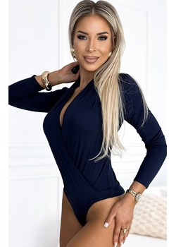 Granatowe kopertowe body damskie elegancka bluzka 375-8, Kolor granatowy, Rozmiar L, Numoco ze sklepu Intymna w kategorii Body damskie - zdjęcie 184140871