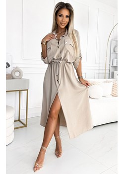 Sukienka szmizjerka midi ze złotymi guzikami i wiązaniem beżowa 531-1, Kolor beżowy, Rozmiar one size, NUMOCO BASIC ze sklepu Intymna w kategorii Sukienki - zdjęcie 184140960