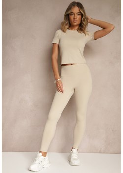 Beżowy Komplet Sportowy Legginsy i T-shirt o Dopasowanym Kroju Silanessa ze sklepu renee.pl w kategorii Komplety i garnitury damskie - zdjęcie 184166534