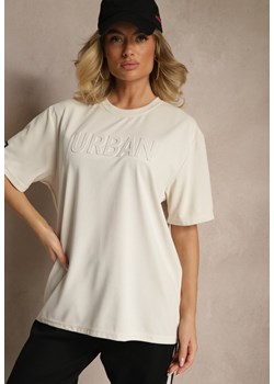 Jasnobeżowa Bawełniana Koszulka T-shirt z Tłoczonym Napisem Lunorina ze sklepu renee.pl w kategorii Bluzki damskie - zdjęcie 184186553