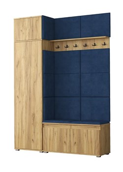 Szafa z siedziskiem tapicerowanym dąb craft + granat K6-M38 - id: 30381 - marki Elior - 184204600 Szafa z siedziskiem tapicerowanym dąb craft + granat K6-M38 ze sklepu Edinos.pl w kategorii Zestawy mebli do przedpokoju - zdjęcie 184204600