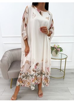 Beżowa Szyfonowa Sukienka Oversize w Kwiaty ze sklepu ModnaKiecka.pl w kategorii Sukienki - zdjęcie 184205123