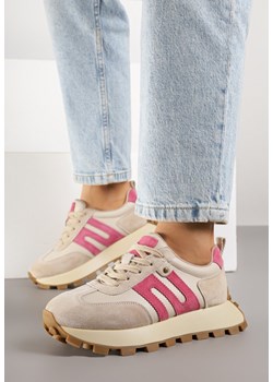 Beżowo-Fuksjowe Skórzane Sneakersy z Geometrycznym Motywem Melussea ze sklepu born2be.pl w kategorii Buty sportowe damskie - zdjęcie 184235912
