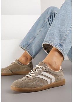 Ciemnobeżowe Sneakersy w Stylu Tenisówek ze Skórzaną Wkładką z Geometrycznym Zdobieniem Melamira ze sklepu born2be.pl w kategorii Buty sportowe damskie - zdjęcie 184235930