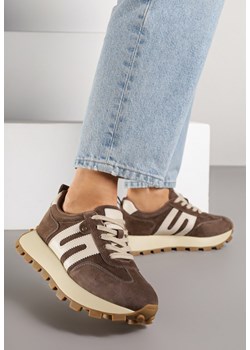 Brązowe Sneakersy ze Skóry Naturalnej Ozdobione Geometrycznym Wzorem Melassea ze sklepu renee.pl w kategorii Buty sportowe damskie - zdjęcie 184236071