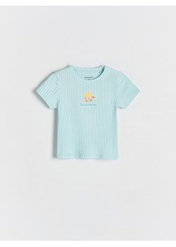 Reserved - Prążkowany t-shirt z haftem - jasnoniebieski ze sklepu Reserved w kategorii Bluzki dziewczęce - zdjęcie 184240562