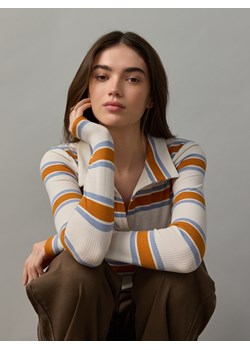 Reserved - Longsleeve polo w paski - kremowy ze sklepu Reserved w kategorii Bluzki damskie - zdjęcie 184290033