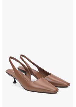 Estro: Brązowe skórzane czółenka damskie na niskim obcasie typu slingback ze sklepu Estro w kategorii Czółenka - zdjęcie 184535753