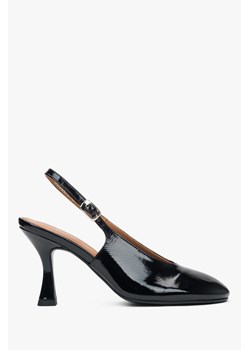 Estro: Czarne buty na obcasie typu slingback z włoskiej skóry lakierowanej Premium ze sklepu Estro w kategorii Czółenka - zdjęcie 184535770