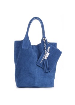 Włoska Torebka Skórzana  Shopper bag Zamsz Naturalny Niebieska ze sklepu PaniTorbalska w kategorii Torby Shopper bag - zdjęcie 184544072