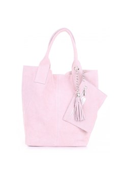 Włoska Torebka Skórzana  Shopper bag Zamsz Naturalny Pudrowy Róż ze sklepu PaniTorbalska w kategorii Torby Shopper bag - zdjęcie 184544140