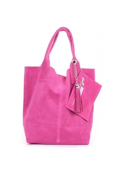 Włoska Torebka Skórzana  Shopper bag Zamsz Naturalny Fuksja ze sklepu PaniTorbalska w kategorii Torby Shopper bag - zdjęcie 184544161