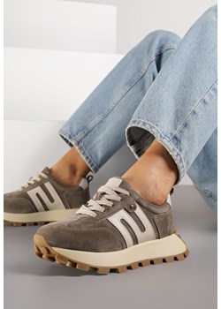 Ciemnobeżowe Sneakersy ze Skóry Naturalnej Ozdobione Geometrycznym Wzorem Melassea ze sklepu renee.pl w kategorii Buty sportowe damskie - zdjęcie 184557911