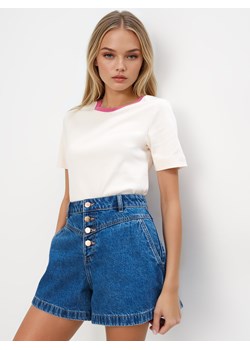 Mohito - T-shirt z merceryzowanej bawełny - kremowy ze sklepu Mohito w kategorii Bluzki damskie - zdjęcie 184561380