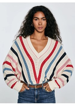 Sweter damski ażurowy w kolorowe paski kremowy Vika 102 ze sklepu Big Star w kategorii Swetry damskie - zdjęcie 184642282