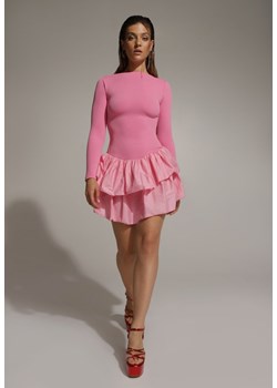 Różowa Sukienka Longsleeve o Rozkloszowanym Kroju z Falbanką Reline ze sklepu renee.pl w kategorii Sukienki - zdjęcie 184660542