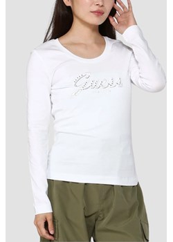 GUESS Biały damski longsleeve Embro Script, Rozmiar XS ze sklepu outfit.pl w kategorii Bluzki damskie - zdjęcie 184779794