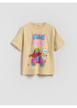 Reserved - Bawełniany t-shirt z nadrukiem - beżowy ze sklepu Reserved w kategorii Bluzki dziewczęce - zdjęcie 185017254