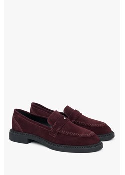 Estro: Burgundowe loafersy damskie typu Penny z włoskiego weluru naturalnego Premium ze sklepu Estro w kategorii Mokasyny damskie - zdjęcie 185038010