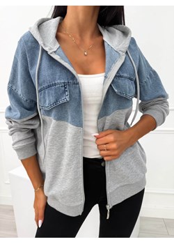 Szara Bluza z Jeansową Wstawką i Kapturem ze sklepu ModnaKiecka.pl w kategorii Bluzy damskie - zdjęcie 185366962