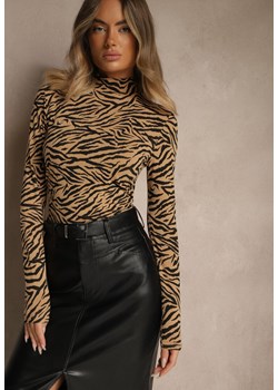 Brązowa Bluzka z Bawełny Typu Longsleeve z Golfem w Zebrę Cralissa ze sklepu renee.pl w kategorii Bluzki damskie - zdjęcie 185384750