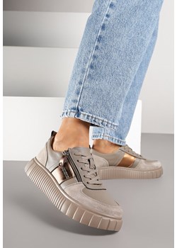 Szare Sneakersy ze Skóry Naturalnej z Metalicznym Zdobieniem Zorentee ze sklepu renee.pl w kategorii Buty sportowe damskie - zdjęcie 185421062