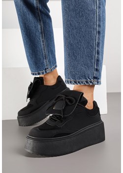 Czarne Sneakersy na Grubej Podeszwie z Wywiniętym Językiem i Kokardą Ellisare ze sklepu born2be.pl w kategorii Buty sportowe damskie - zdjęcie 185421901