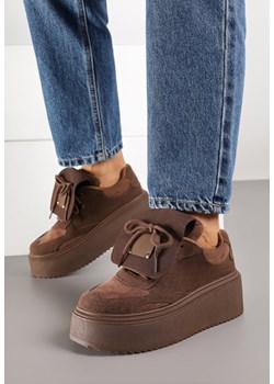 Brązowe Sneakersy na Grubej Podeszwie z Wywiniętym Językiem i Kokardą Ellisare ze sklepu born2be.pl w kategorii Buty sportowe damskie - zdjęcie 185421913