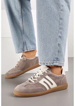Brązowe Skórzane Sneakersy w Stylu Tenisówek z Geometrycznym Zdobieniem Zaravella ze sklepu born2be.pl w kategorii Buty sportowe damskie - zdjęcie 185422021
