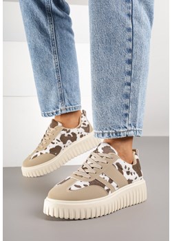 Brązowo-Białe Sneakersy ze Wzorem w Krowie Łaty na Grubej Podeszwie z Tłoczeniem Rilunessa ze sklepu born2be.pl w kategorii Buty sportowe damskie - zdjęcie 185422252