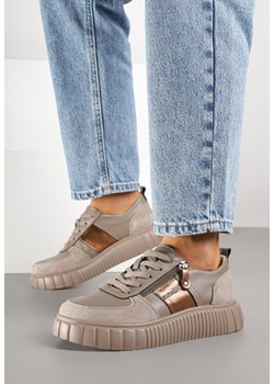 Szare Skórzane Sneakersy Zdobione Metaliczną Wstawką Cerelie ze sklepu born2be.pl w kategorii Buty sportowe damskie - zdjęcie 185422382